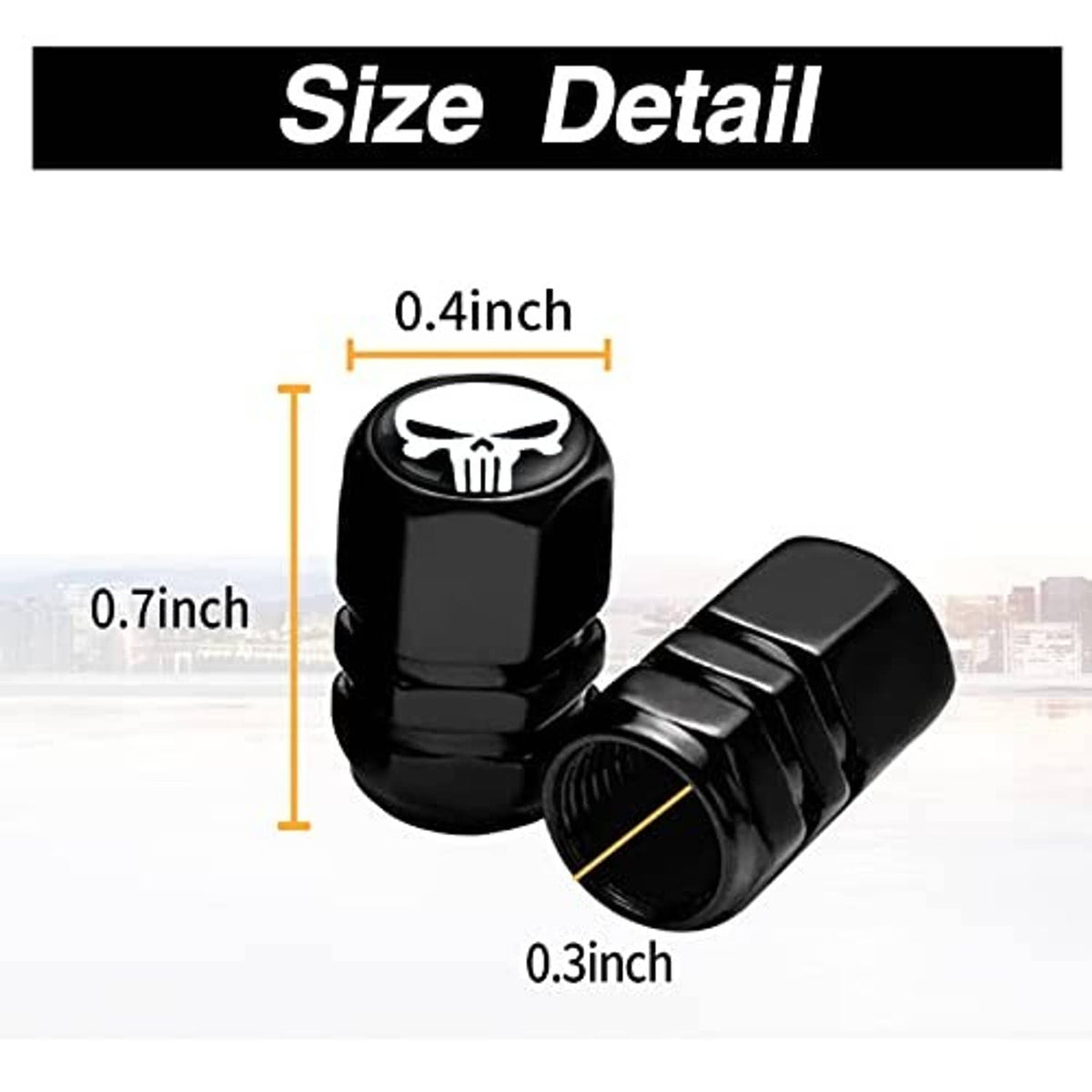 Black wheel valve stem cap with white skull emblem, shown with size measurements