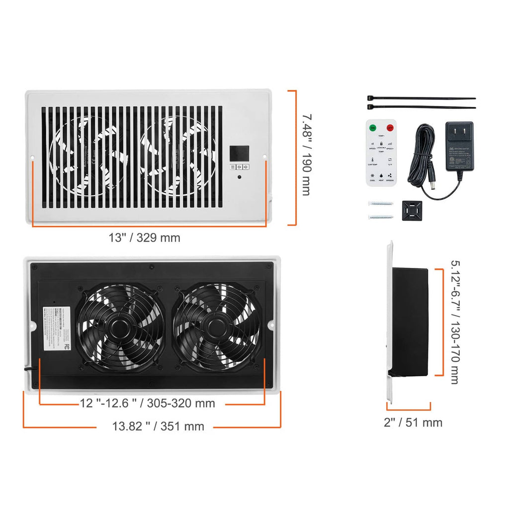 White register booster fan and included accessories with dimension marks