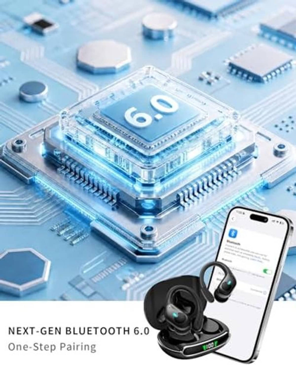 Black wireless earbuds with charging case near Bluetooth 6.0 circuit module