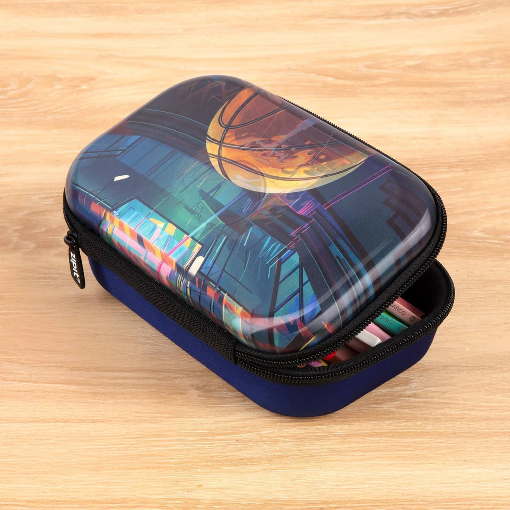 ZIPIT 3D pencil case with basketball flame-net graphic, blue base and black zipper.