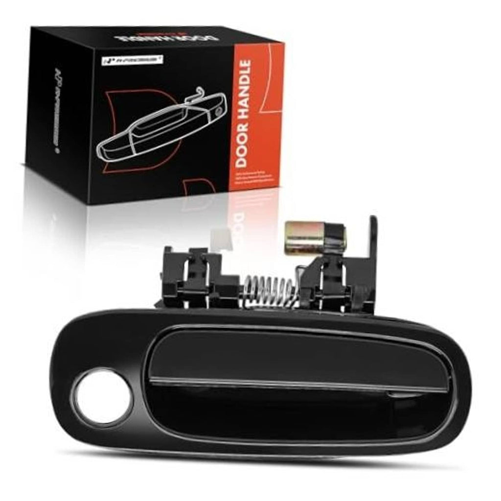 Smooth black exterior door handle with keyhole, front passenger side style.