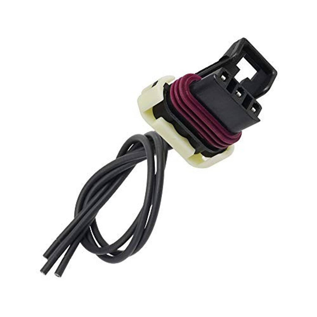 Engine camshaft sensor connector with maroon ribbed insert, black plug, and two wire leads