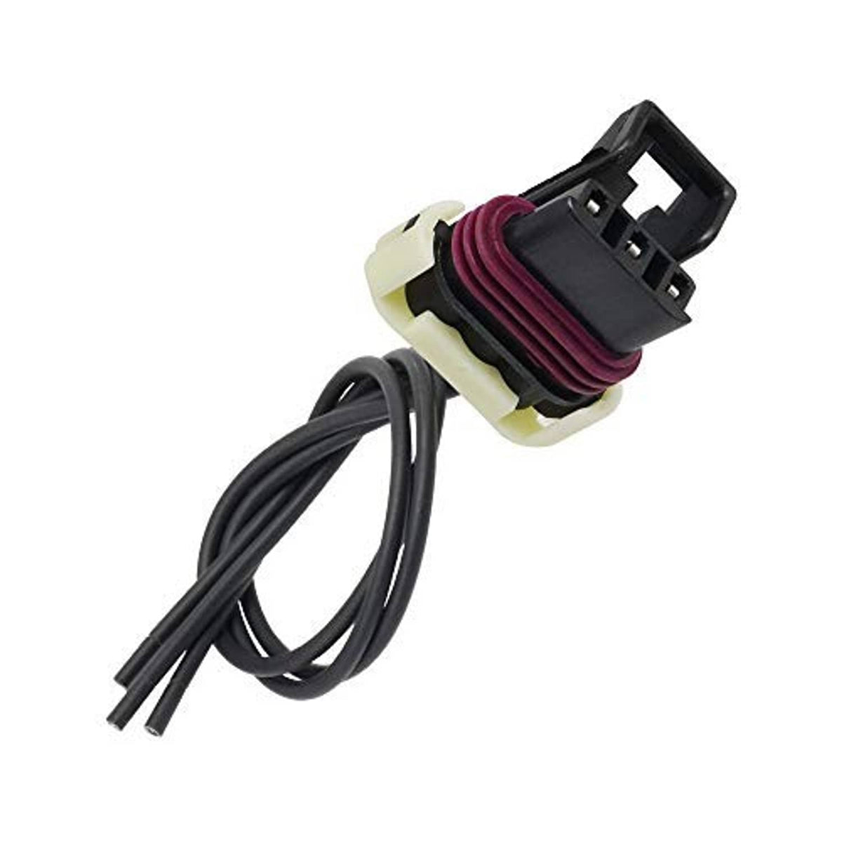 Engine camshaft sensor connector with maroon ribbed insert, black plug, and two wire leads