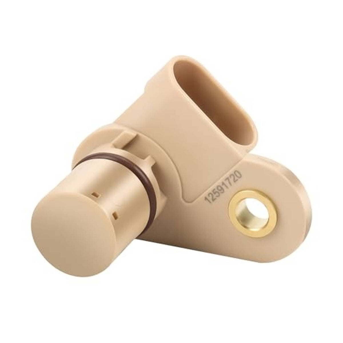 Beige camshaft position sensor with side mounting bracket and molded connector housing