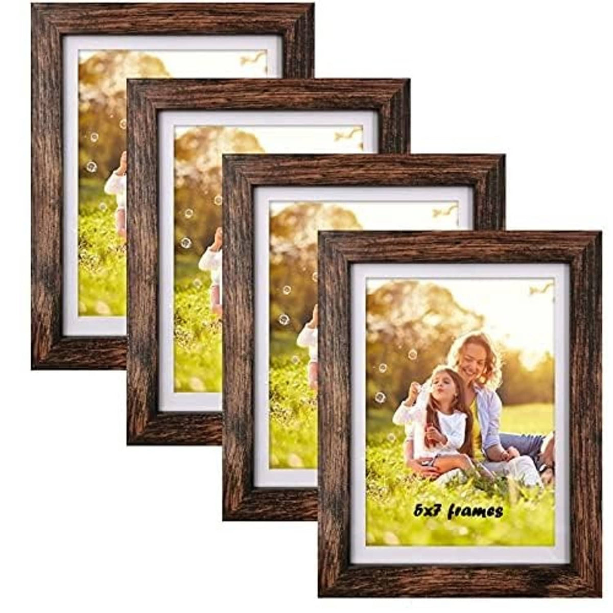 Rustic brown wood picture frame set, white mats with 5x7 photo inserts, four frames