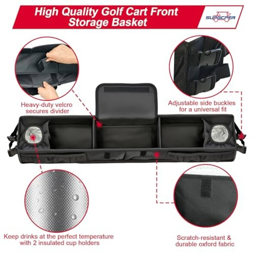 Black front golf cart storage basket with adjustable side buckles and cup holders