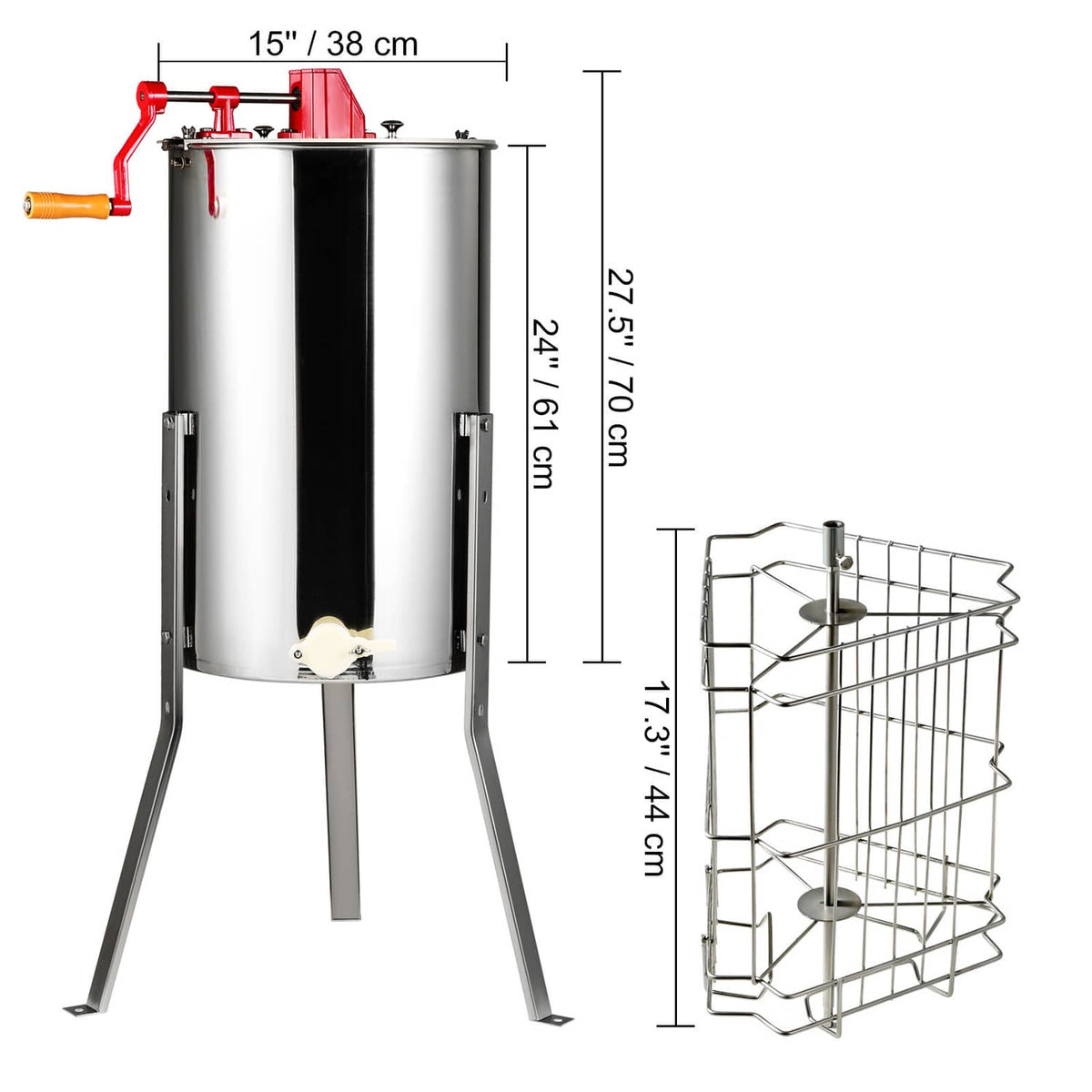 Manual honey extractor with dimensions shown alongside a 3-deep frame wire basket