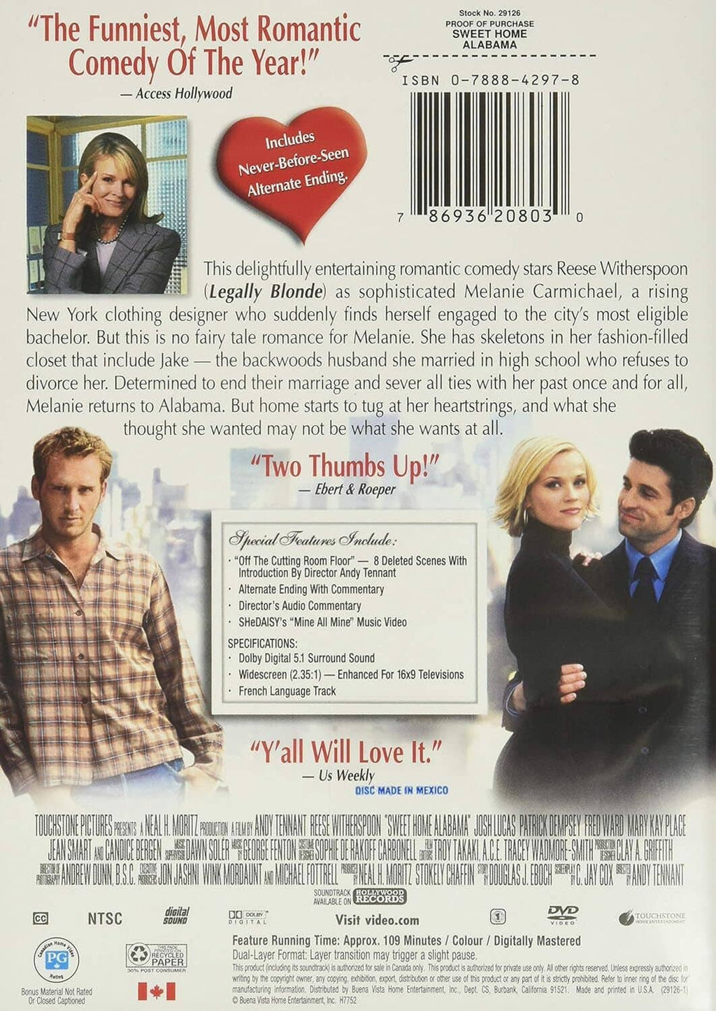 Sweet Home Alabama DVD back cover with synopsis, cast images, and barcode