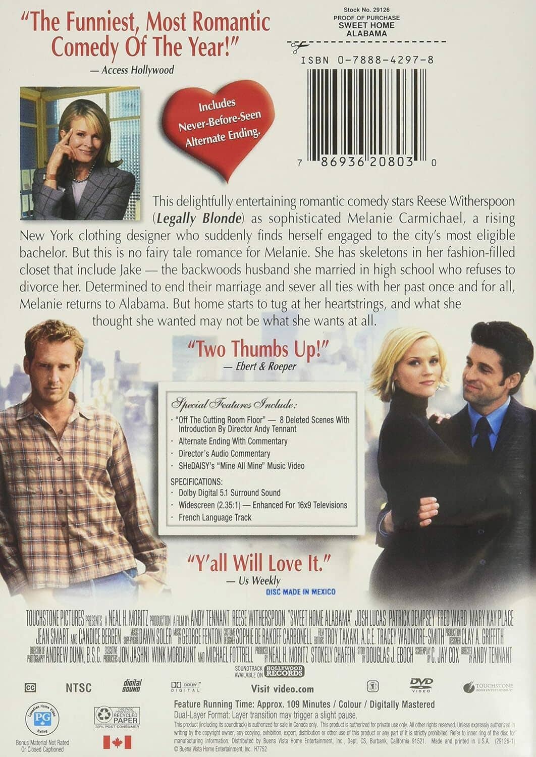 Sweet Home Alabama DVD back cover with synopsis, cast images, and barcode