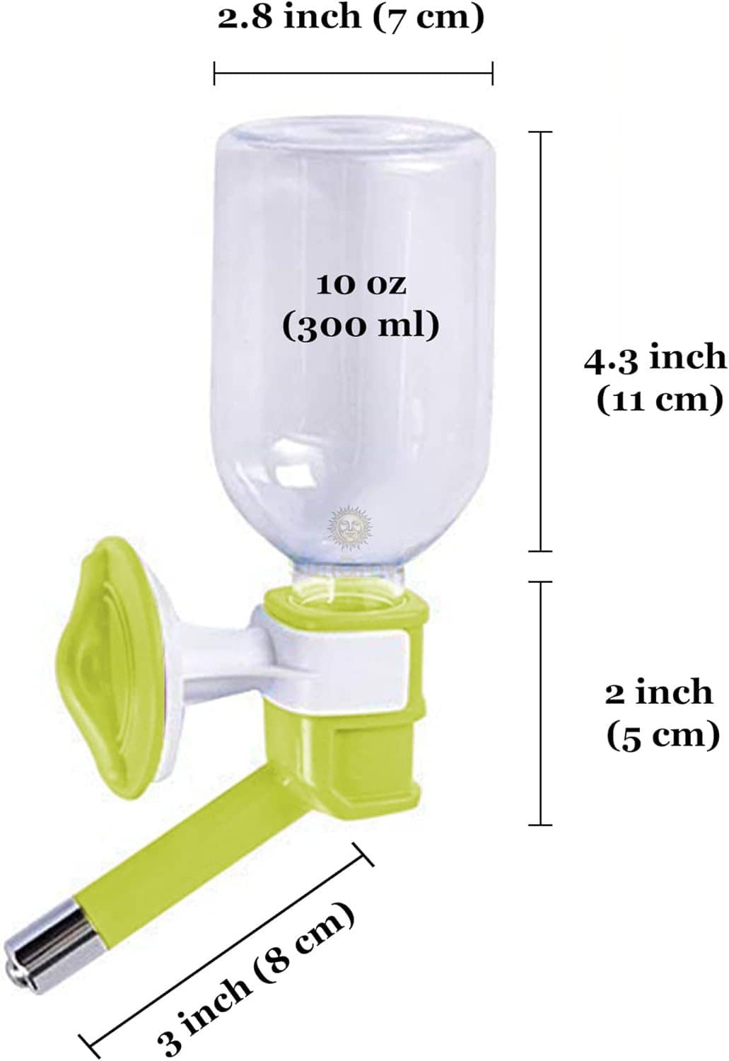 Pet water bottle dispenser size diagram with clear bottle and green mounting bracket