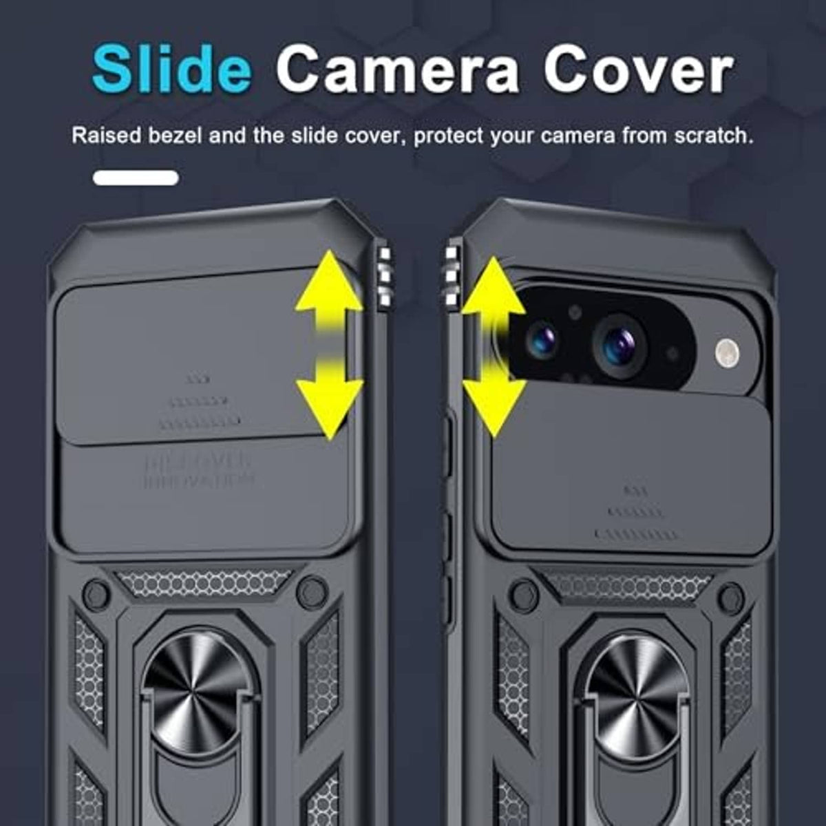 Black Pixel 10/10 Pro case with raised bezel and slide camera cover protection
