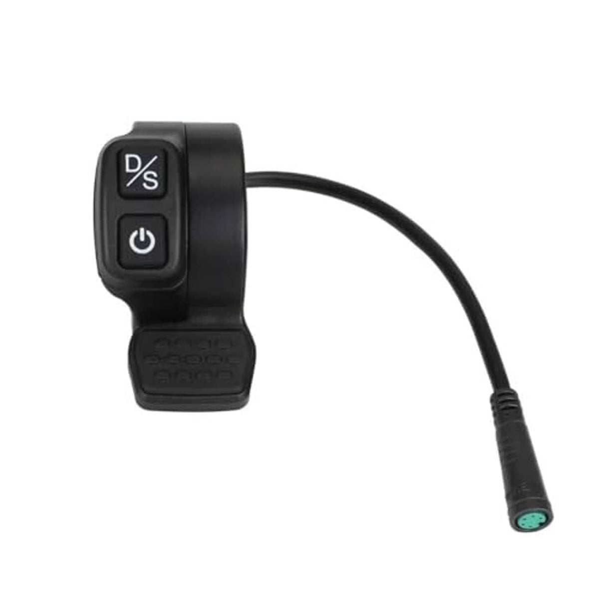 Black thumb throttle switch with D/S and power buttons and cable with green connector tip