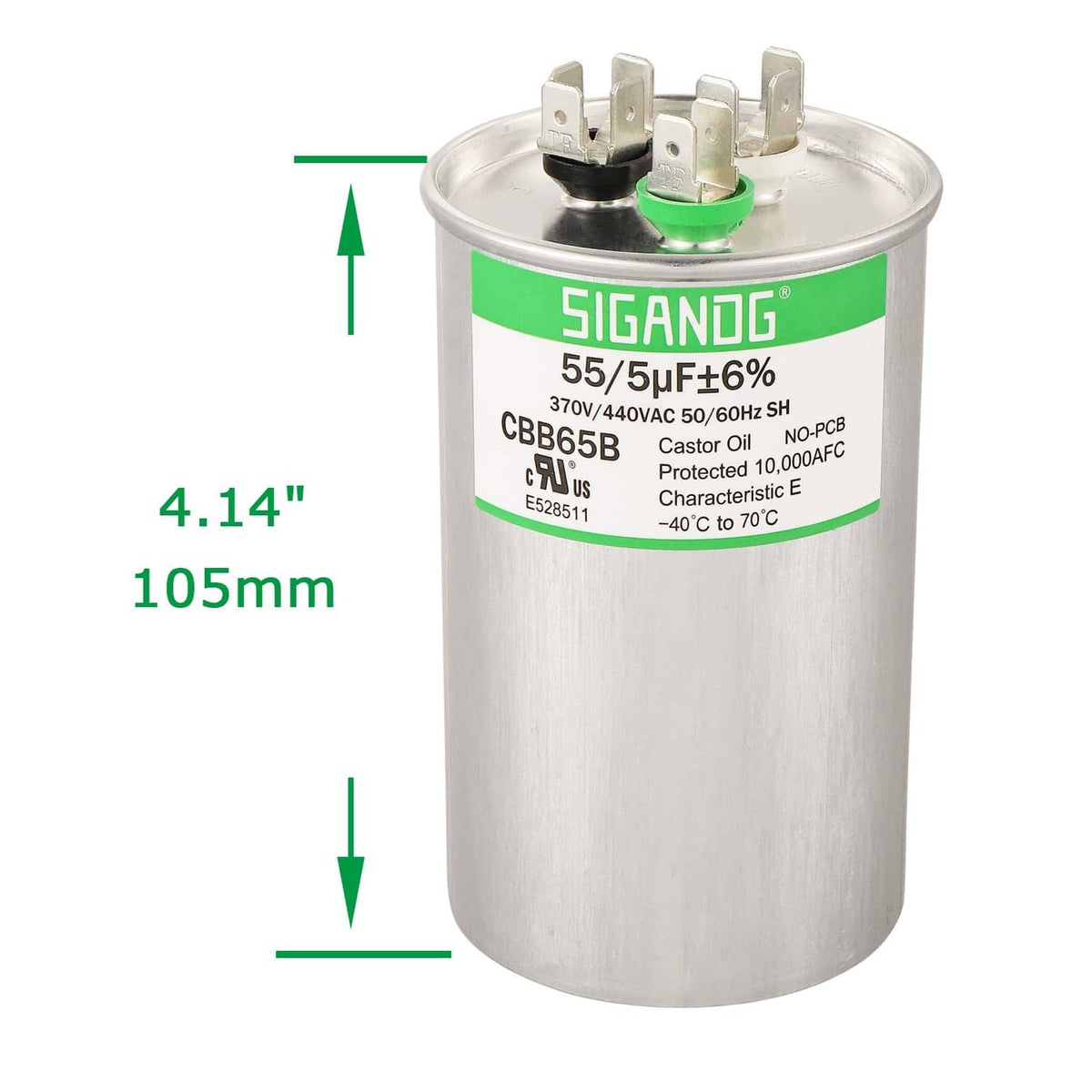 Sigandg motor capacitor can with label, 55/5uF 6%, 105mm tall, top terminals