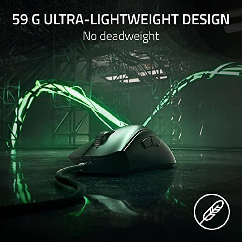 Black wired gaming mouse with bright green accent lighting