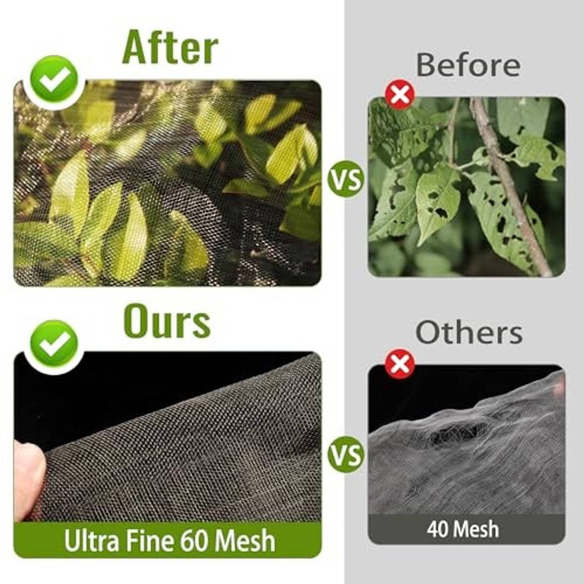 Close-up comparison of fine mesh fruit tree netting fabric for protection