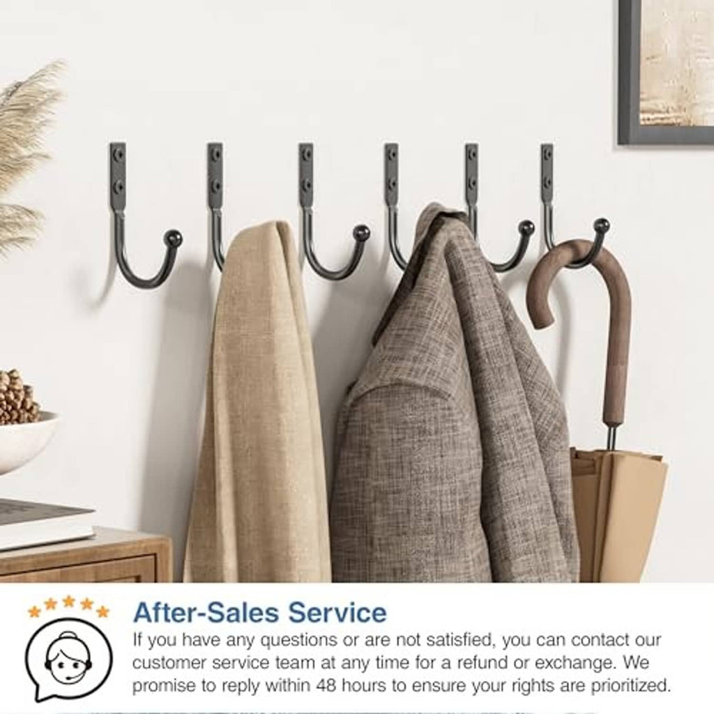 Black metal wall hooks with curved ends for hanging coats, towels, and bags