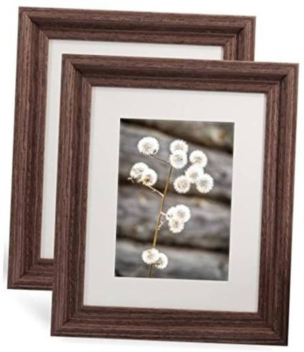 Dark brown wood picture frame set with white mat and floral photo insert.