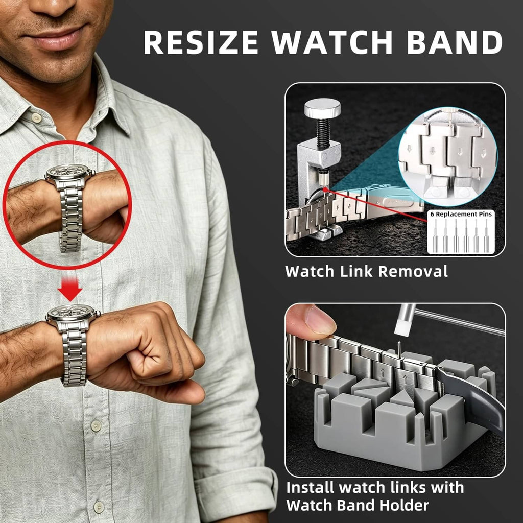 Watch band resizing tool kit for removing and installing metal bracelet links.