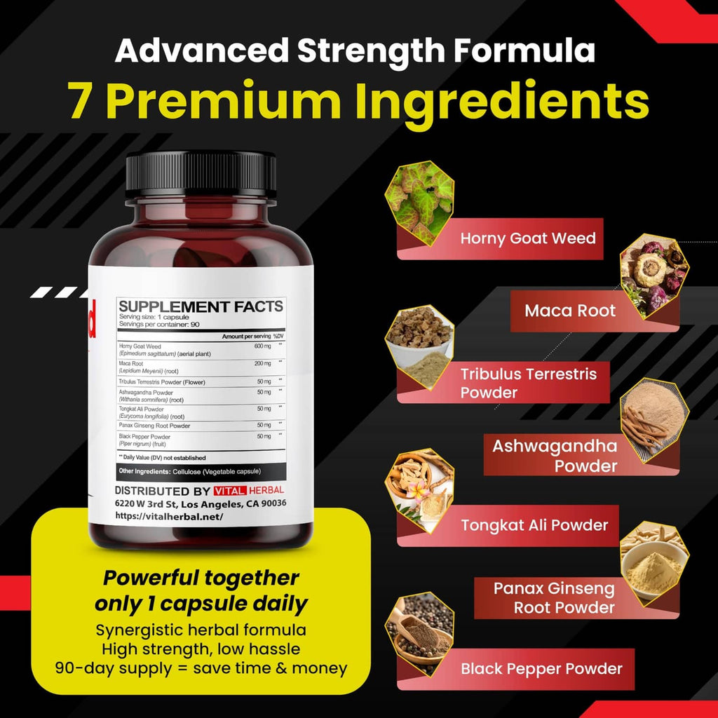 Dietary supplement facts panel with ingredients including horny goat weed and maca root