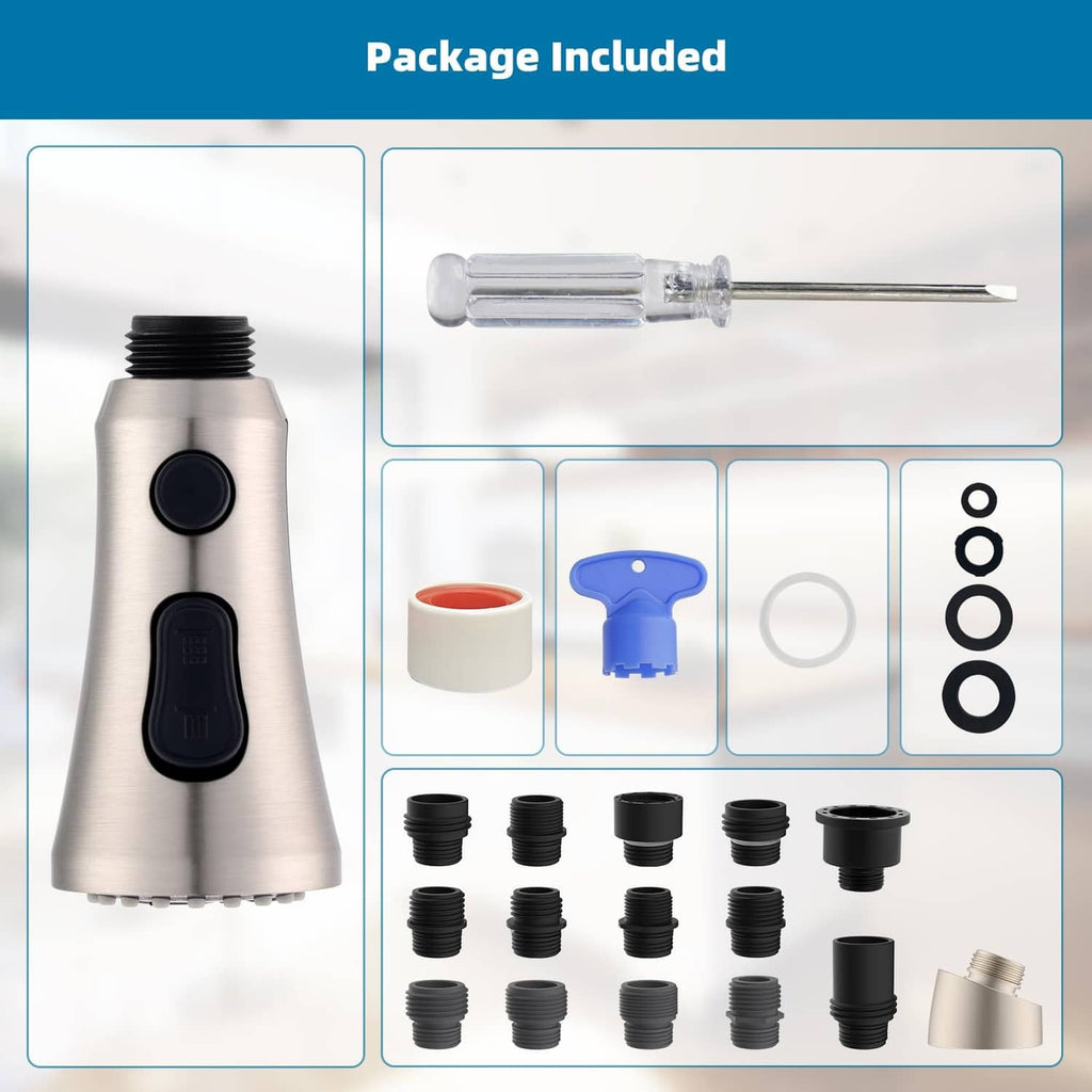 Faucet sprayer head package with adapters, washers, seals, and accessory rings