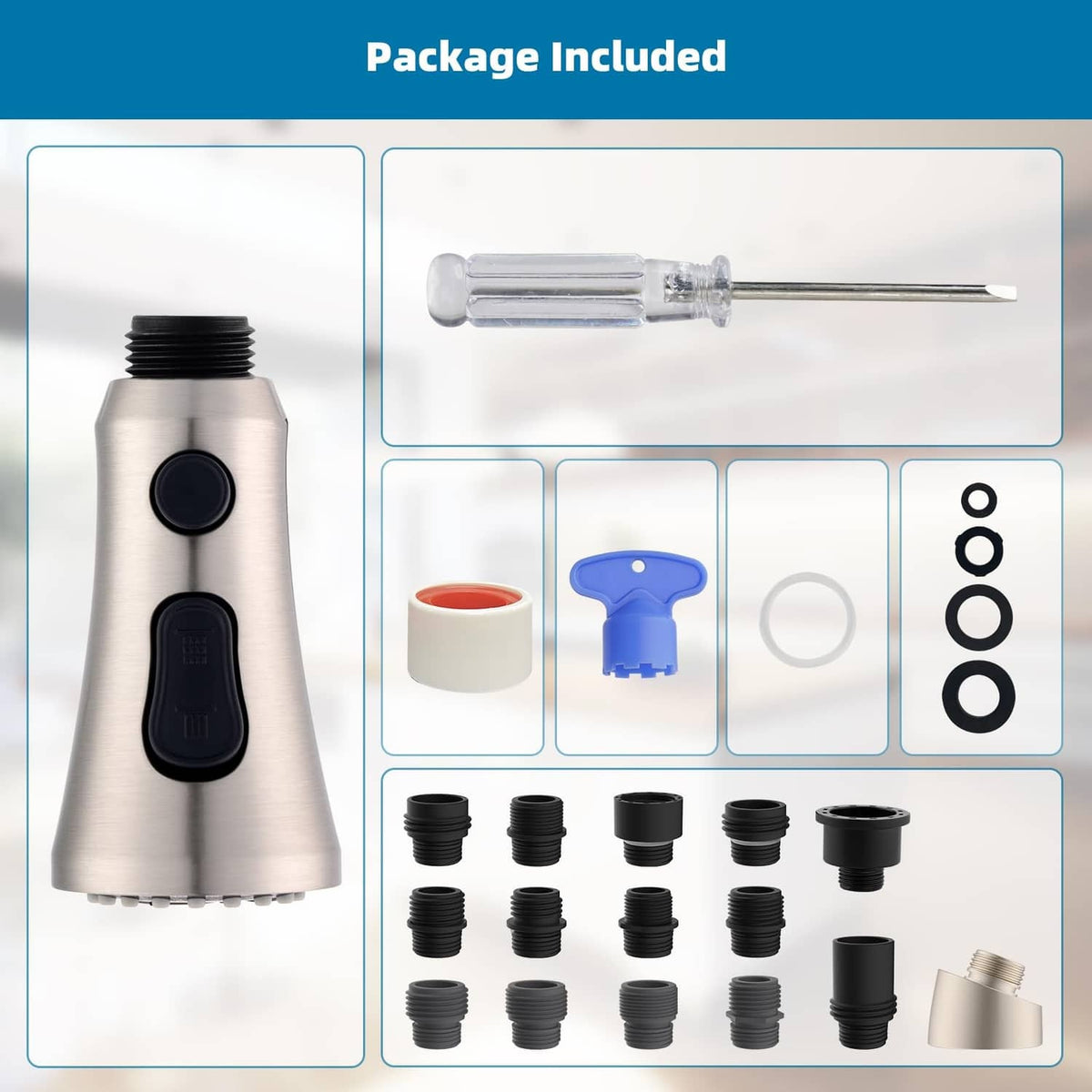 Faucet sprayer head package with adapters, washers, seals, and accessory rings