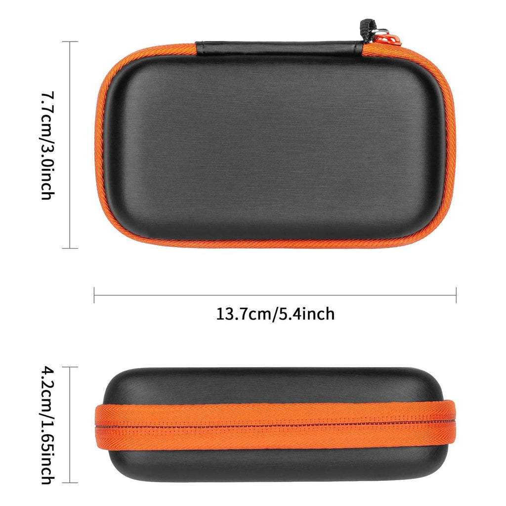 Compact black hard SSD case with orange edge trim, 13.7 x 7.1 cm size
