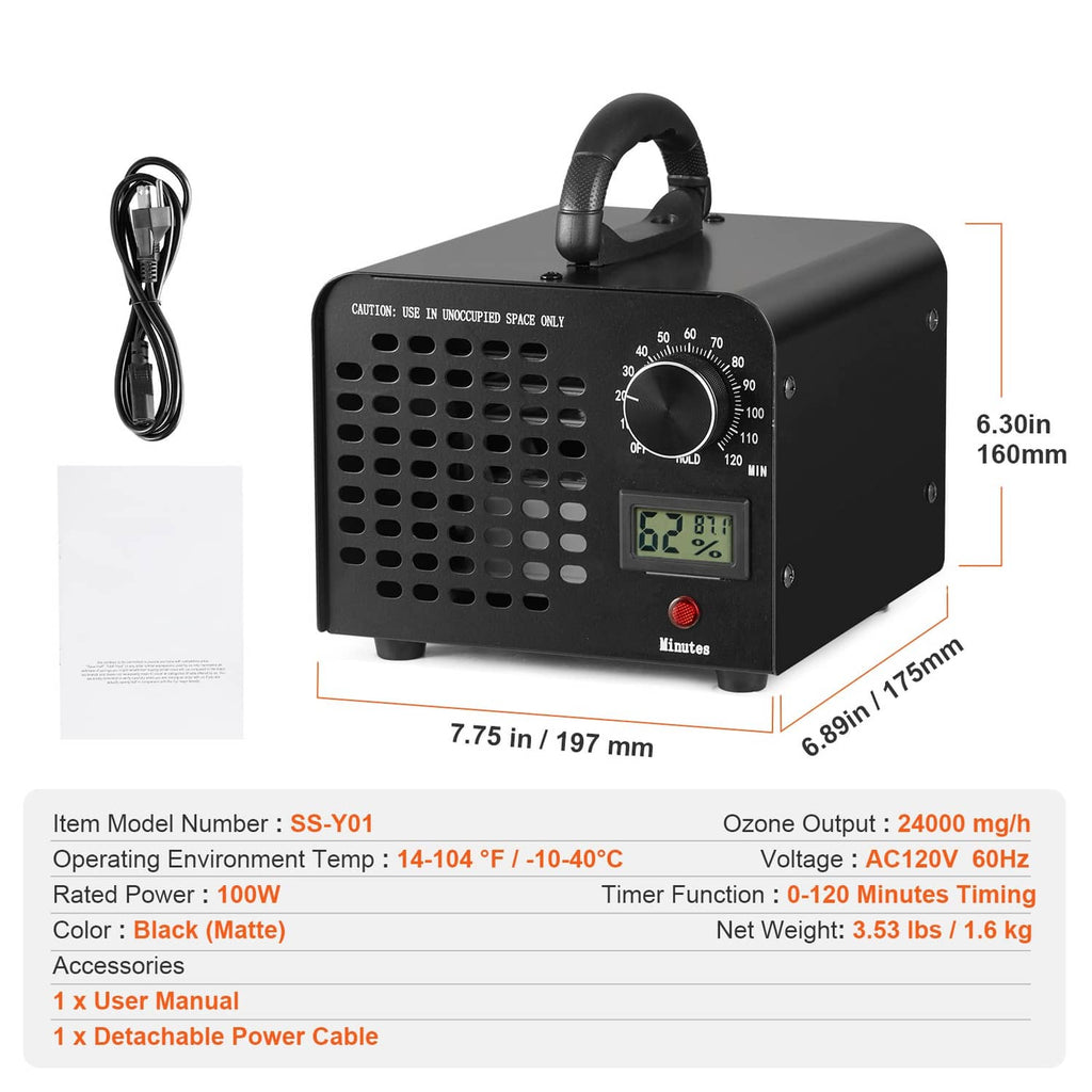 Black ozone generator machine with power cord, timer dial, and digital humidity display