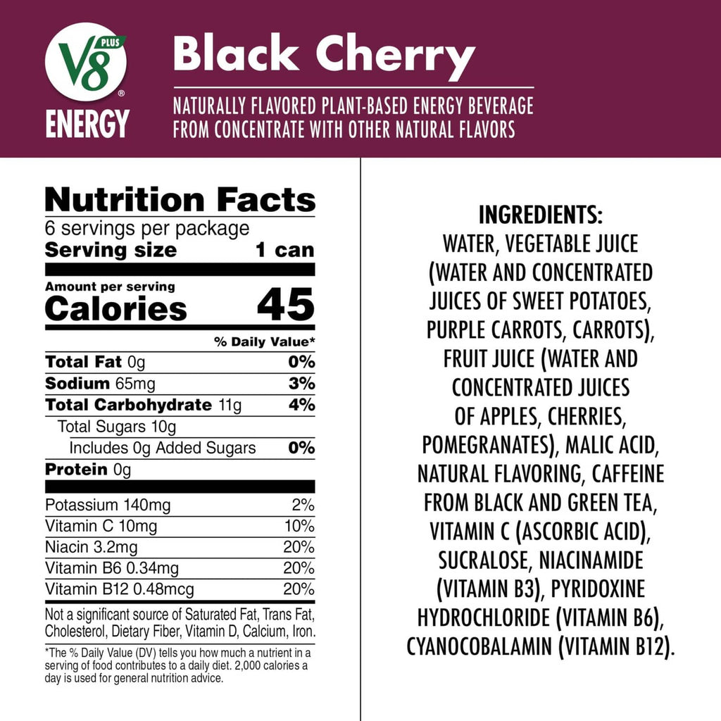 V8 Energy Black Cherry Nutrition Facts and ingredients information panel