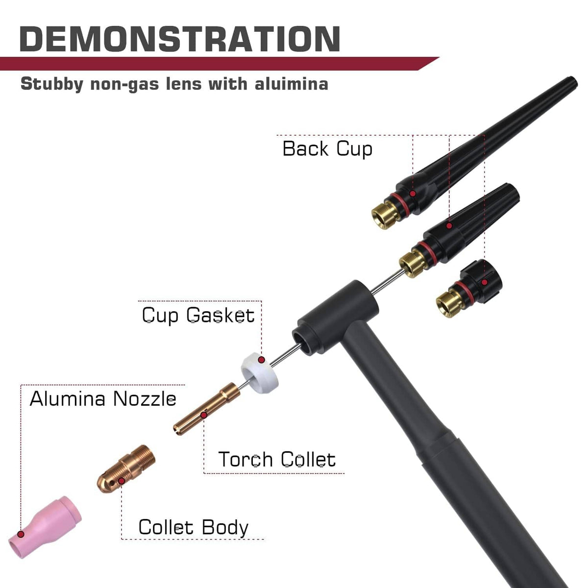 TIG non-gas stubby lens demonstration with alumina nozzle, torch collet, and collet body