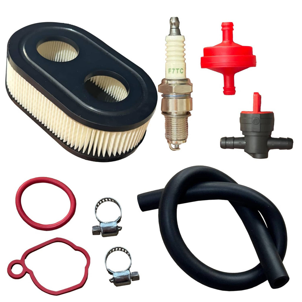 Engine tune-up parts kit with air filter, spark plug, red valve, and black hose