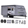 Gray RV travel trailer cover with zipper door and included cover accessory pieces