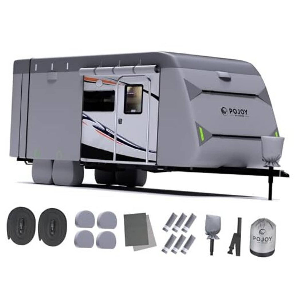 Gray RV travel trailer cover with zipper door and included cover accessory pieces