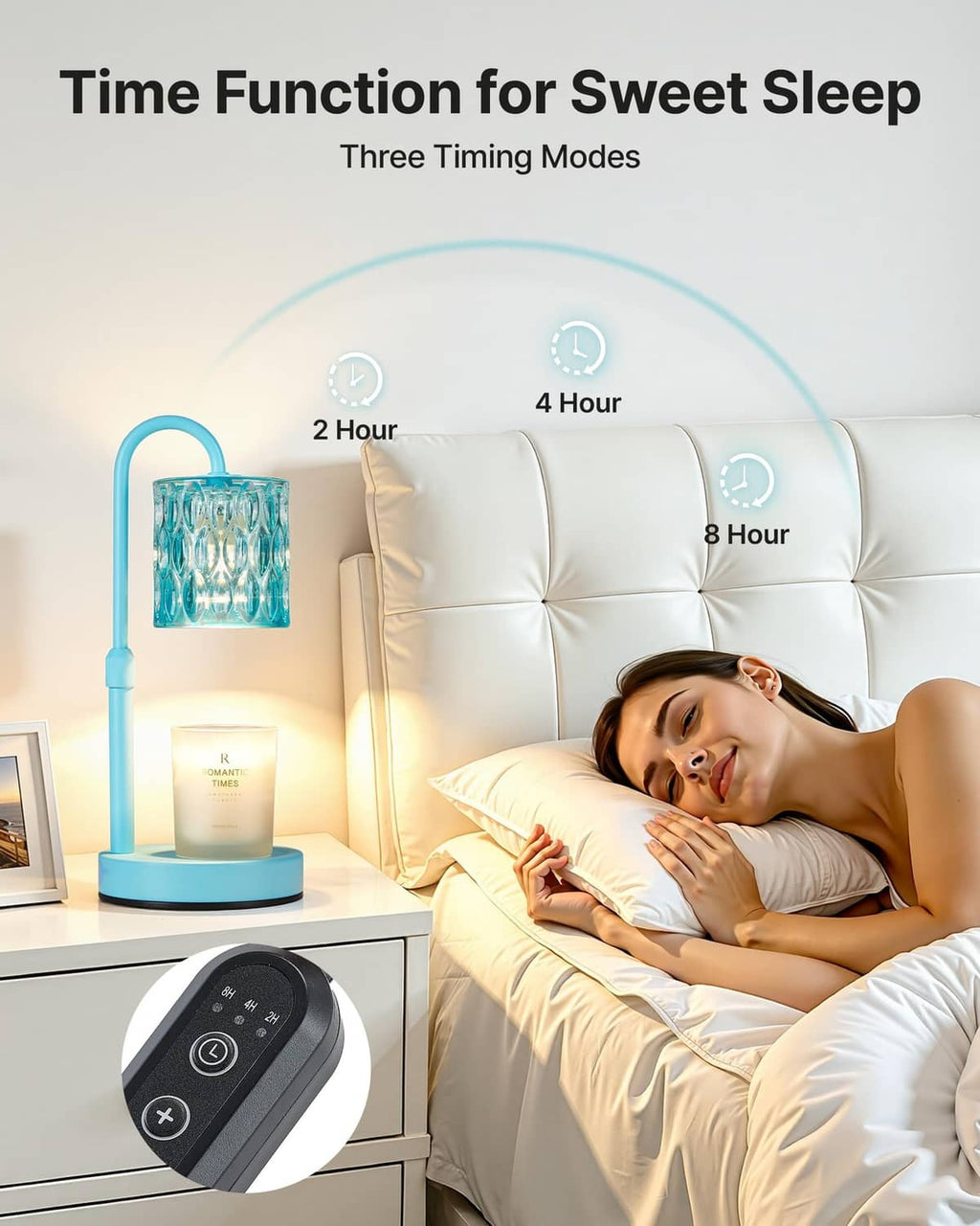 Blue candle warmer lamp with timer, ribbed glass shade, and included remote control