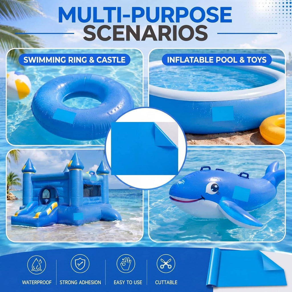 Blue self-adhesive vinyl repair patch displayed on inflatable pool and toy scenarios
