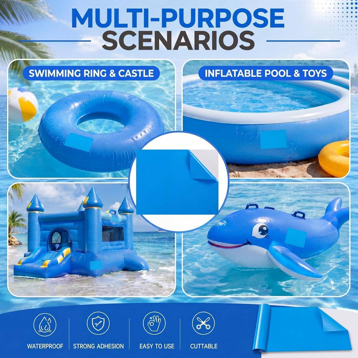Blue self-adhesive vinyl repair patch displayed on inflatable pool and toy scenarios