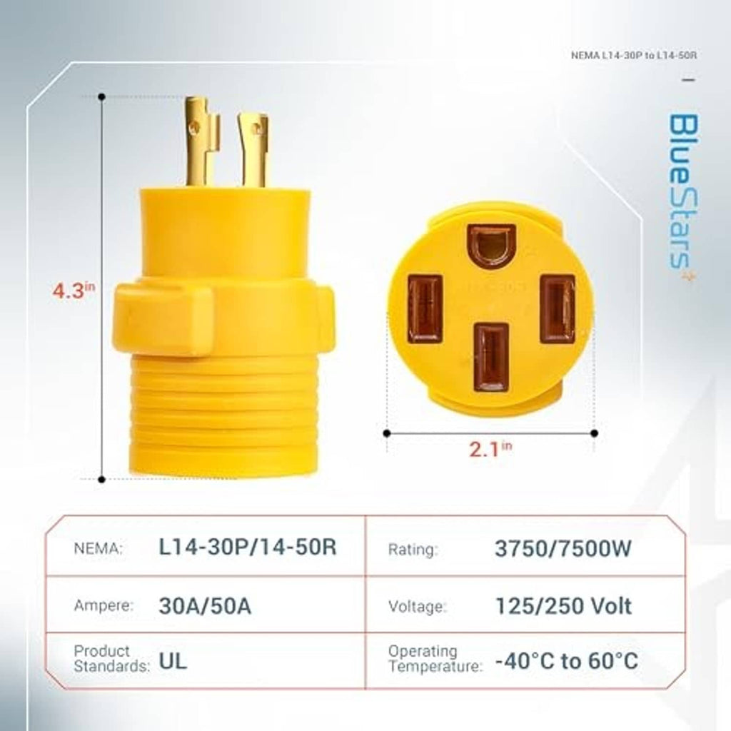 Yellow generator adapter with NEMA L14-30P plug and L14-50R receptacle