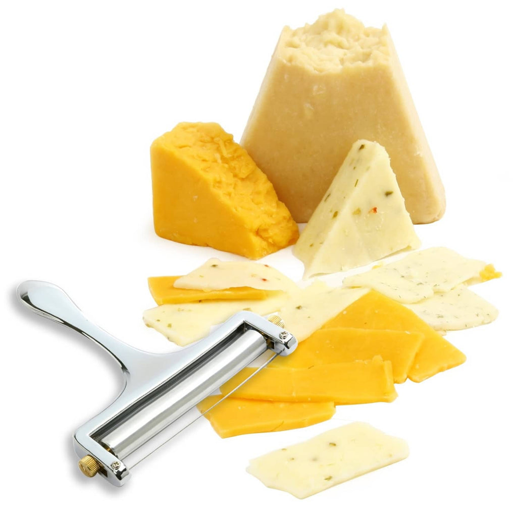 Heavy-duty cheese slicer cutting through assorted cheese slices