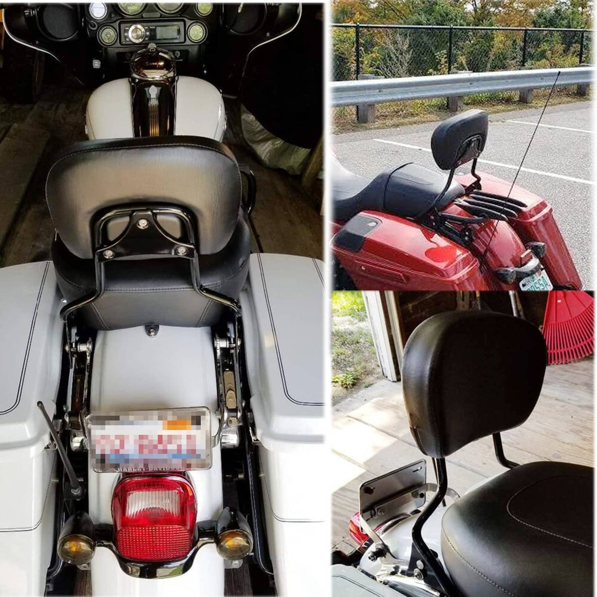 Black sissy bar backrest pad and luggage rack with mounting hardware near rear light