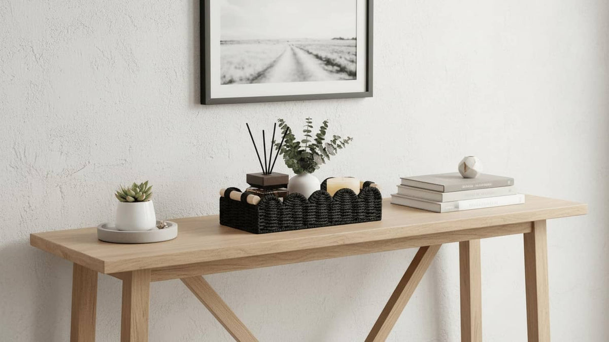 Black woven storage basket with wood-capped handles on a bathroom console shelf