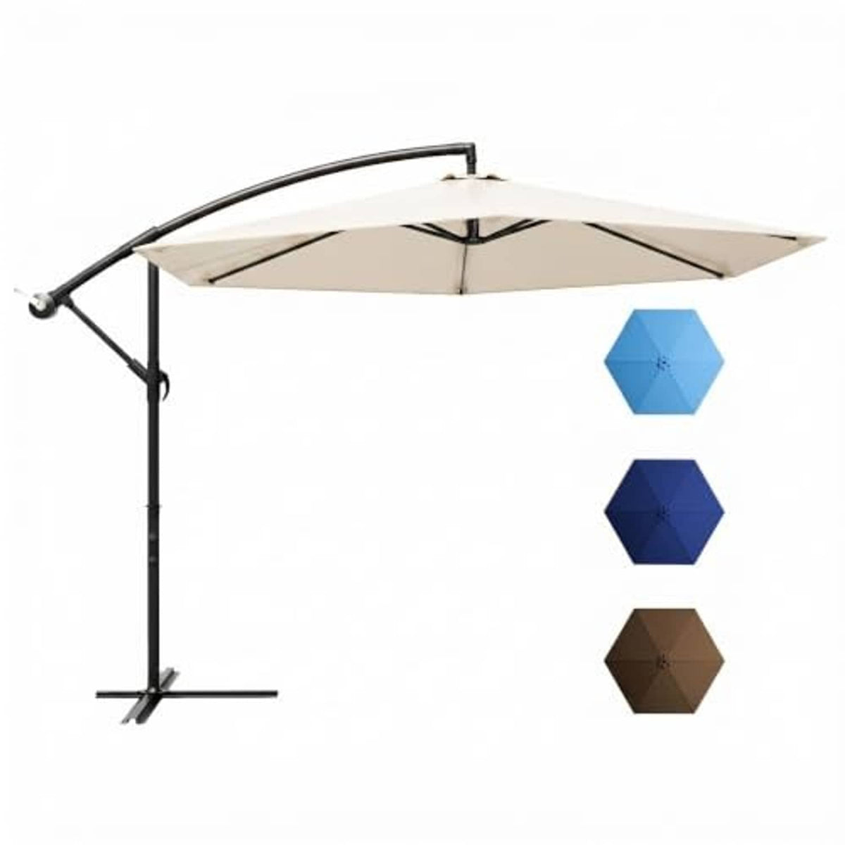 Beige offset patio umbrella with dark curved arm and open canopy