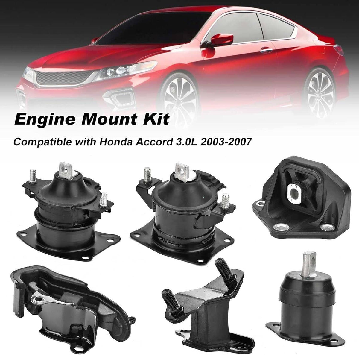 Engine mount kit with 6 black rubber mounts and metal mounting plates