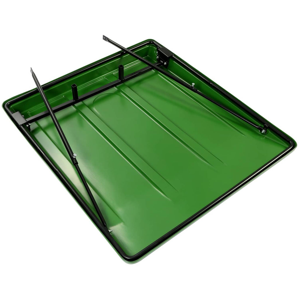 Green sun shade canopy underside with black frame rails and mounting posts