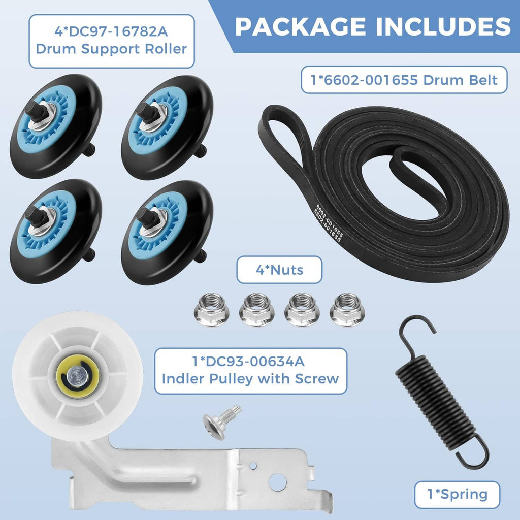 Dryer roller replacement kit set: roller wheels, drive belt, spring, screw, nuts, bracket