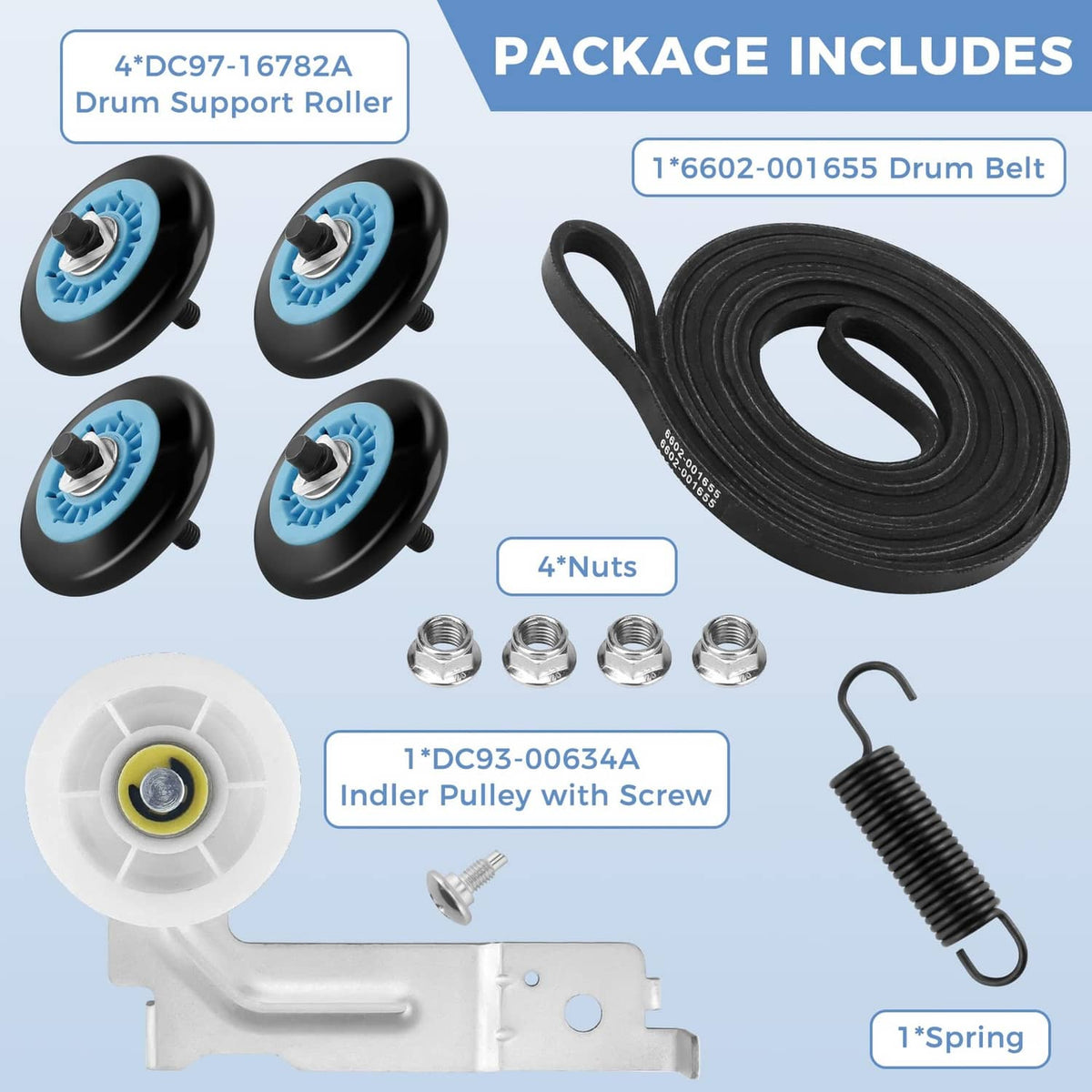 Dryer roller replacement kit set: roller wheels, drive belt, spring, screw, nuts, bracket