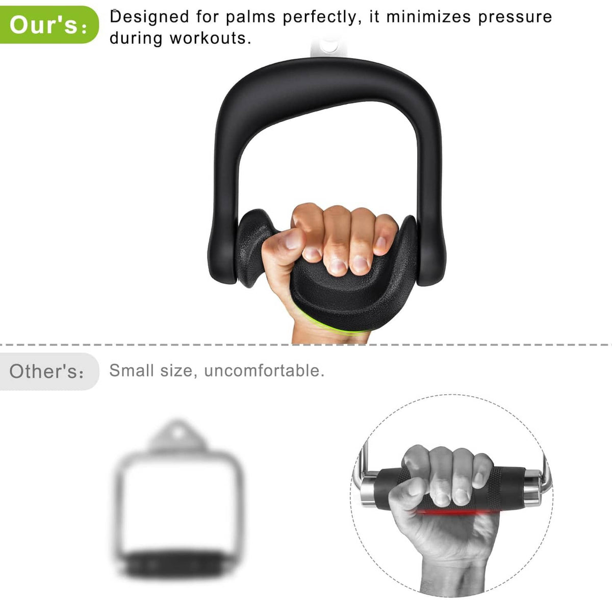 Black D-handle cable grip held in hand, showing textured palm pad