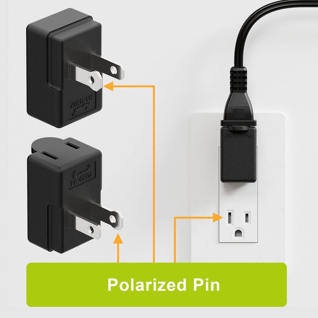 Black 2-prong right-angle AC adapter with polarized flat pin plug