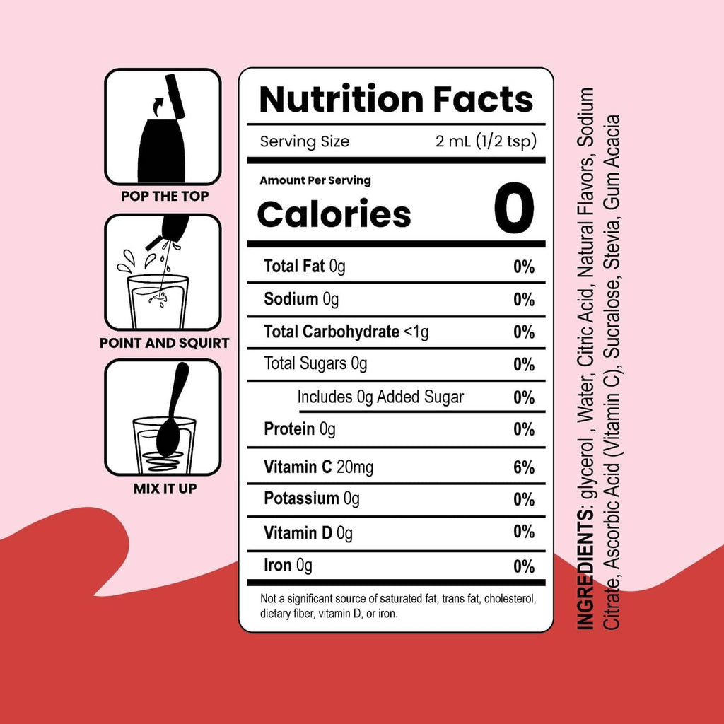 Nutrition facts: 0 calories, 0 sugar, includes 20mg vitamin C per 2 mL serving