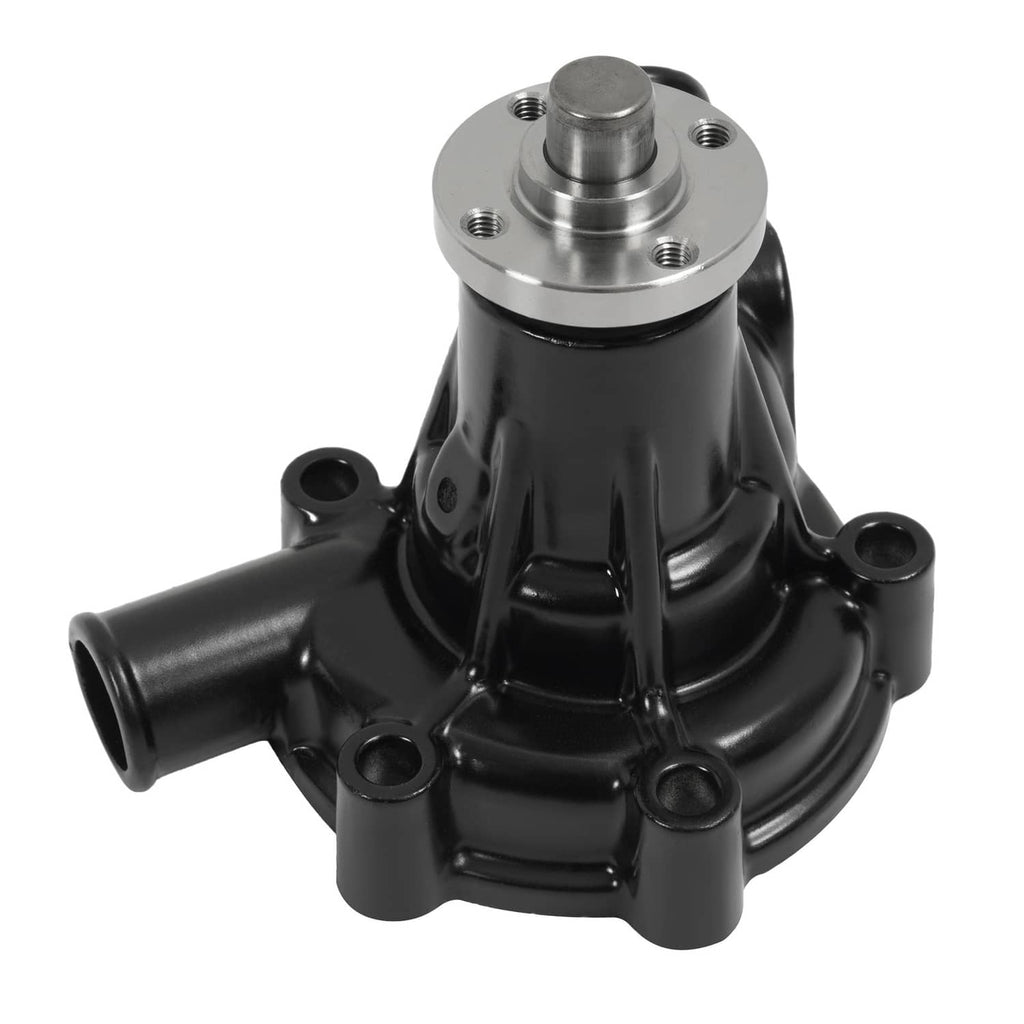 Water pump with black housing and silver flange top, side view