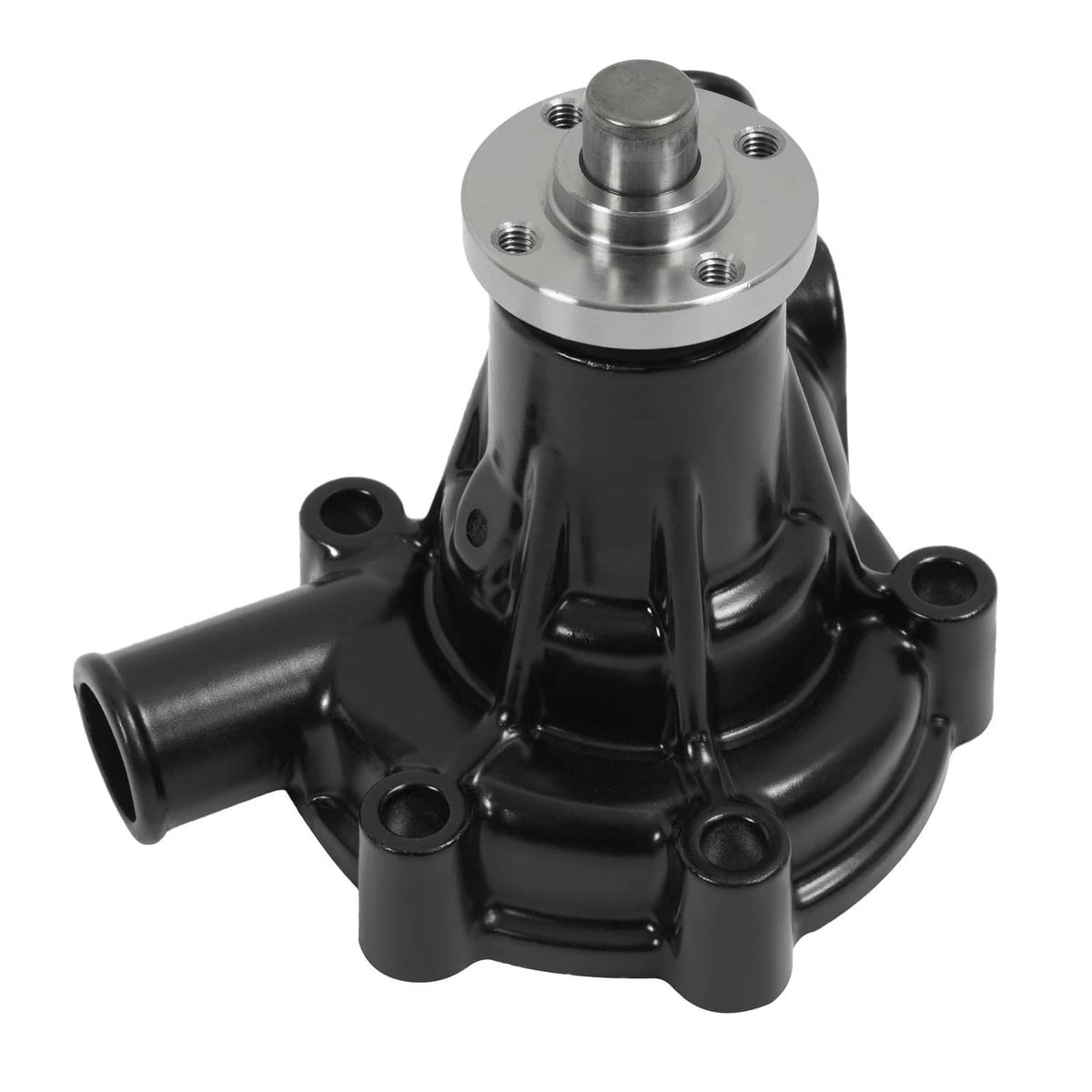 Water pump with black housing and silver flange top, side view