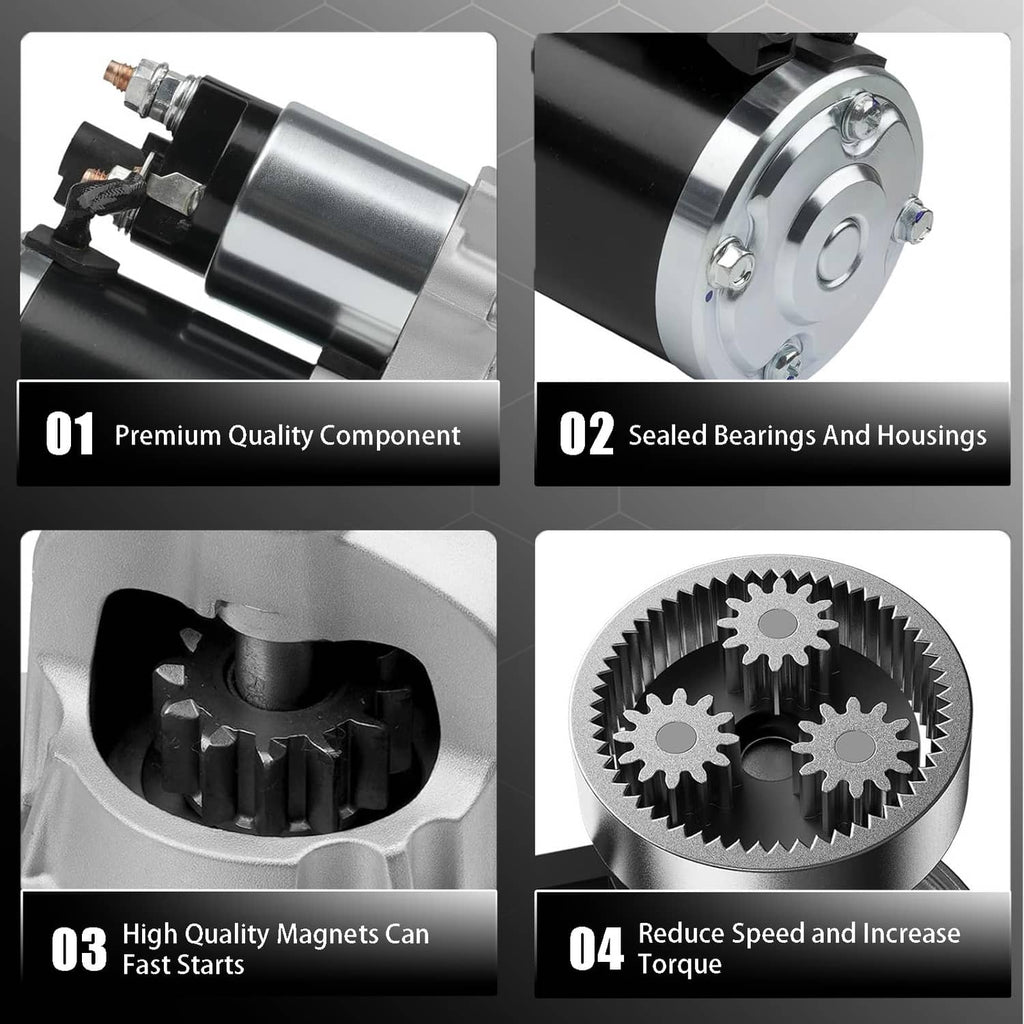 Starter motor feature collage showing sealed bearings, gear set, and electric starter